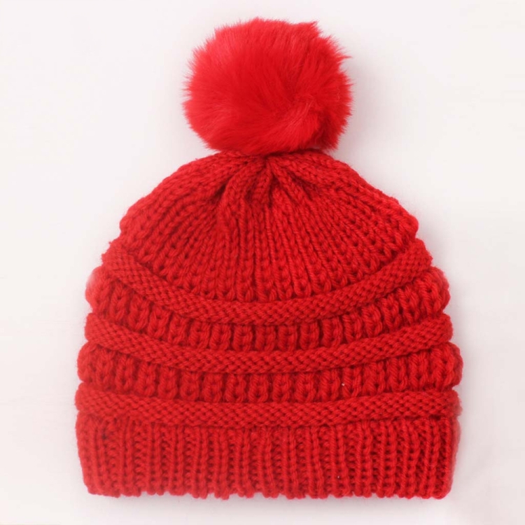 X-22044 Baby Knitted Cap Children Autumn and Winter Fur Ball Warming Cap(Red)