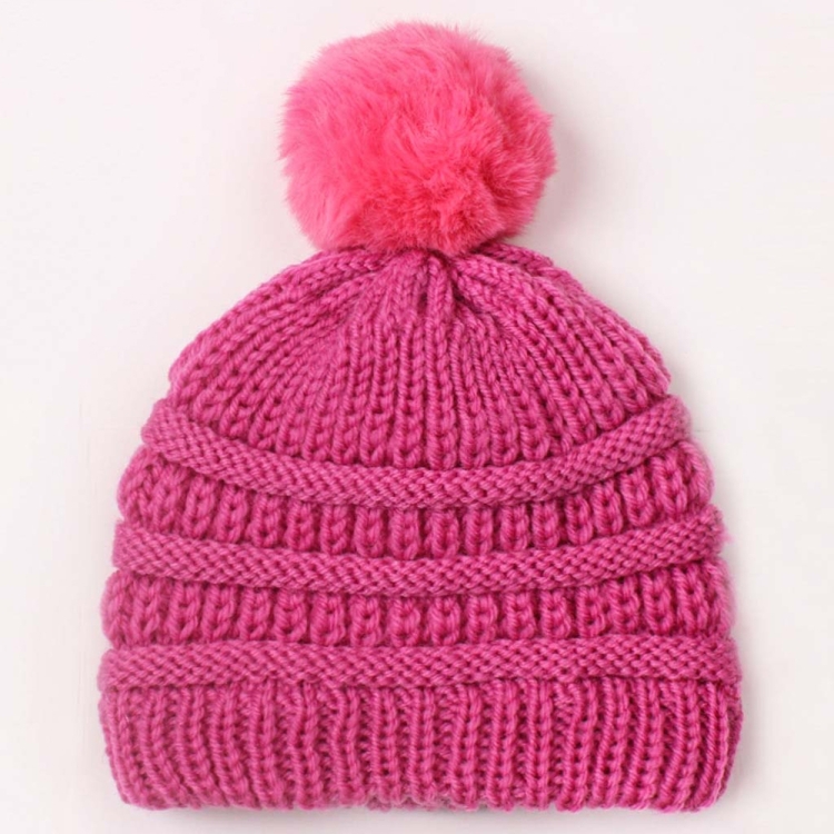 X-22044 Baby Knitted Cap Children Autumn and Winter Fur Ball Warming Cap(Rose Red)