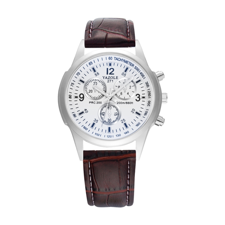 YAZOLE 271 Three-Eye Six-Hand Watch Men Auartz Watch Waterproof Business Watch(White Disk Brown Belt)