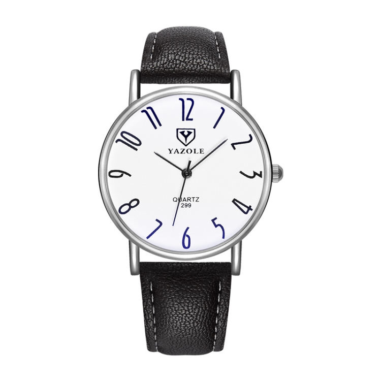 YAZOLE 299 Arabic Numerals Dial Couple Business Belt Watch(Large White Tray Black Belt)