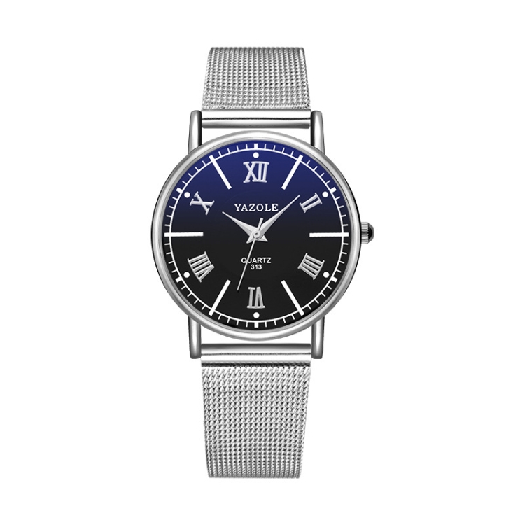 YAZOLE 313 Roman Numeral Dial Ladies Business Quartz Watch(Black Tray Silver Net Belt)