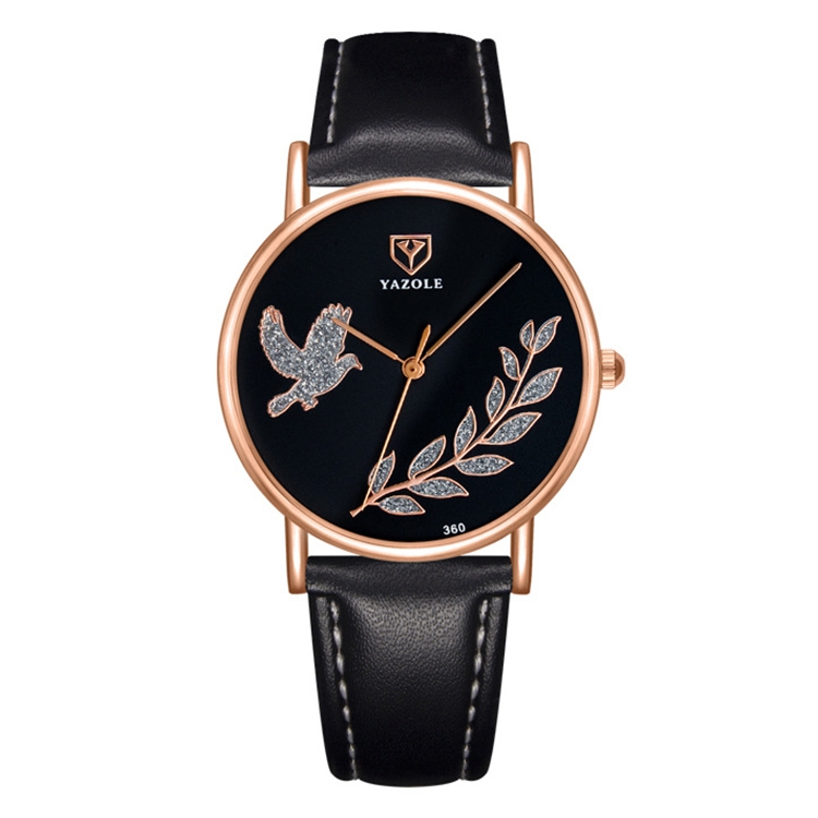 YAZOLE 360 Leather Band Dove of Peace Diamond Lady Watch(Black+Black)