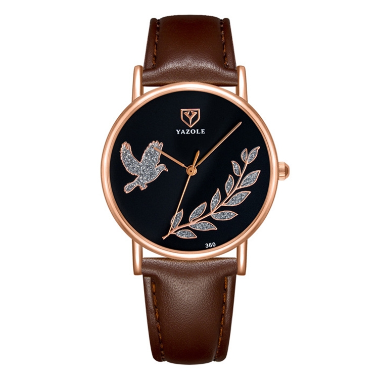 YAZOLE 360 Leather Band Dove of Peace Diamond Lady Watch(Black+Brown)