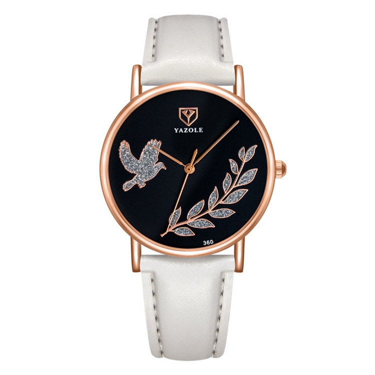 YAZOLE 360 Leather Band Dove of Peace Diamond Lady Watch(Black+White)