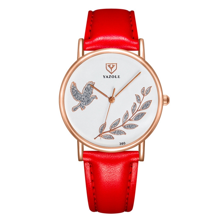 YAZOLE 360 Leather Band Dove of Peace Diamond Lady Watch(White+Red)