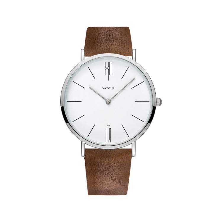 YAZOLE 506 Simple Large Scale Dial Men Business Quartz Watch(Silver Shell White Tray Brown Belt)
