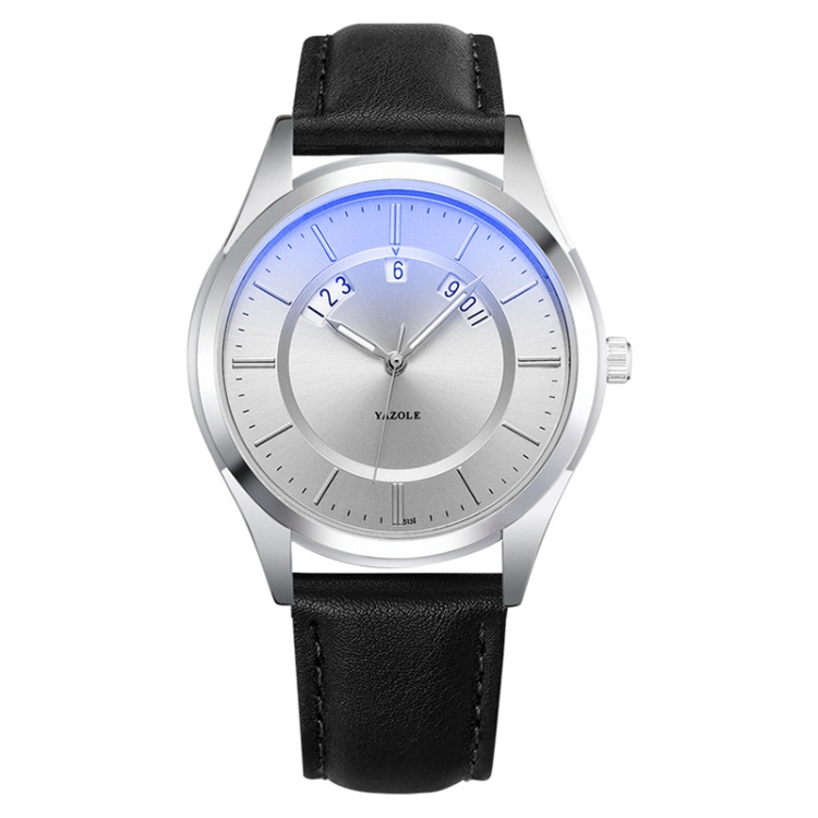 YAZOLE 513 Leather Band Calendar Waterproof Quartz Watch(Silver+Black)