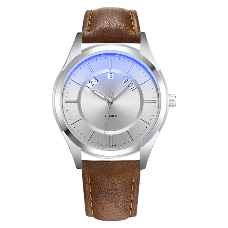 YAZOLE 513 Leather Band Calendar Waterproof Quartz Watch(Silver+Brown)