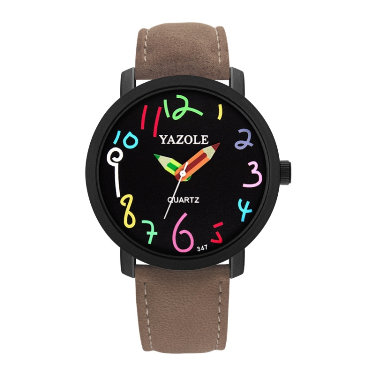 YAZOLE Personality Arabic Numeral Dial Student Watch Quartz Children Watch(347  Black Tray Brown Belt)