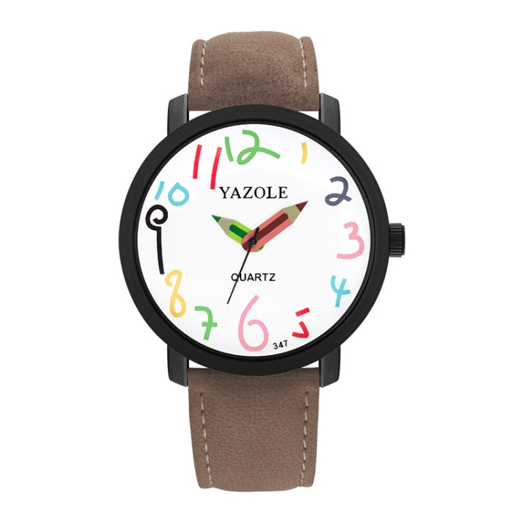YAZOLE Personality Arabic Numeral Dial Student Watch Quartz Children Watch(347 White Tray Brown Belt)