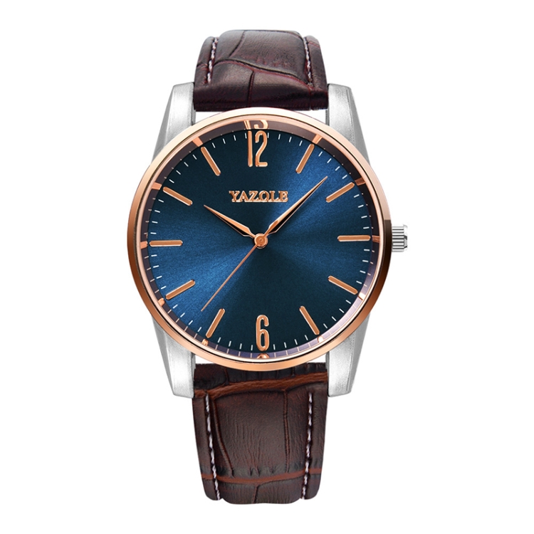 YAZOLE Simple Digital Two-color Dial Quartz Men Watch(542 Blue Tray Brown Belt)