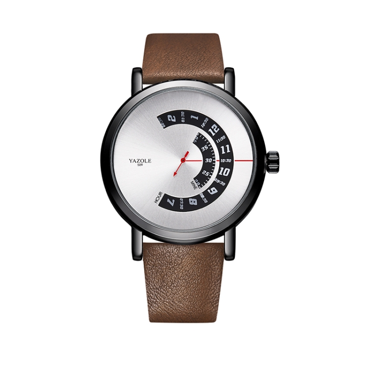 YAZOLE Turntable Men Quartz Watch(509 White Tray  Brown Belt)
