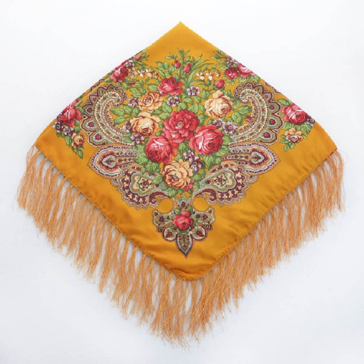 Yellow Ethnic Style Retro Tassel Square Scarf Flower Pattern Headscarf Scarf, Size:90 x 90cm