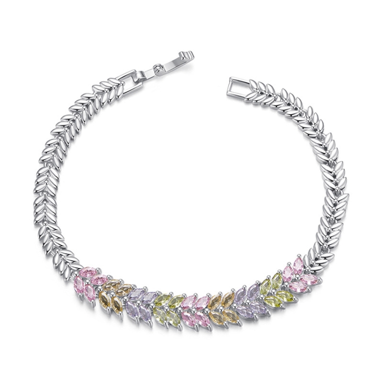 YIB067 Copper Platinum-plated Shining Zircon Wheat Ear Bracelet, Size: 17CM(Colorful Silver)