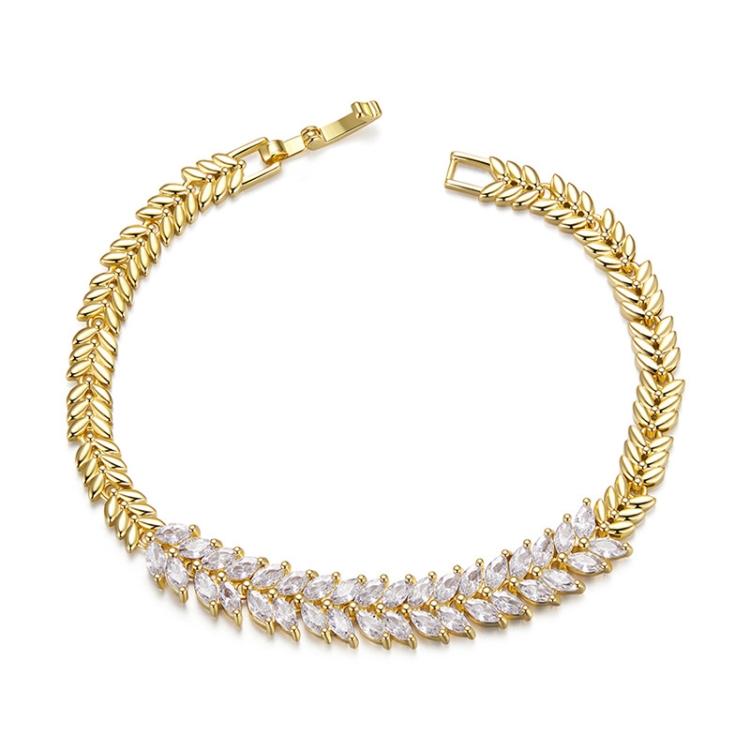 YIB067 Copper Platinum-plated Shining Zircon Wheat Ear Bracelet, Size: 17CM(White Gold)