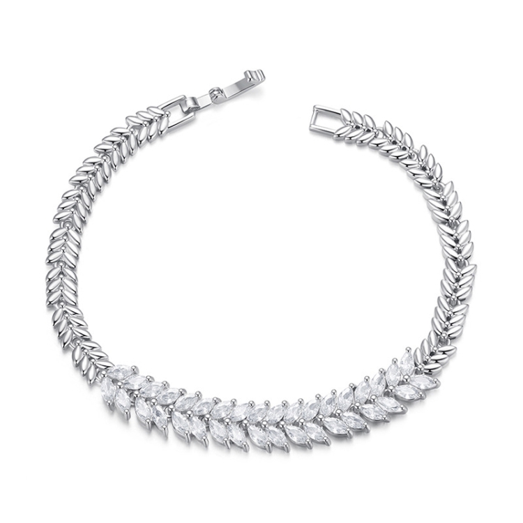 YIB067 Copper Platinum-plated Shining Zircon Wheat Ear Bracelet, Size: 19CM(White Silver)