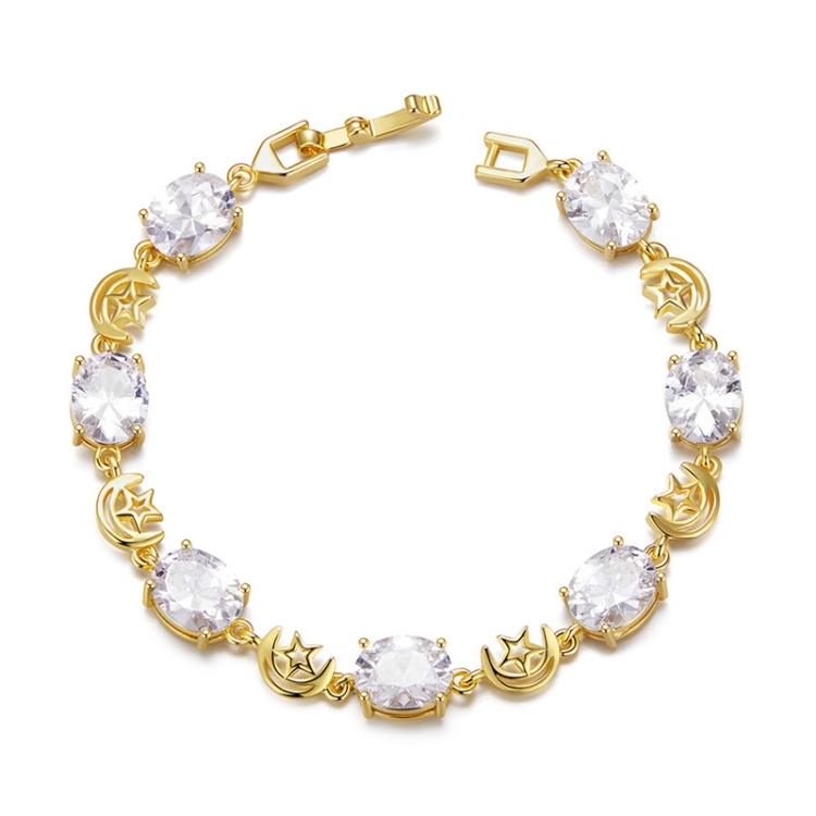 YIB068 Copper Platinum-plated Shining Star and Moon Zircon Bracelet, Size: 17CM(Gold)