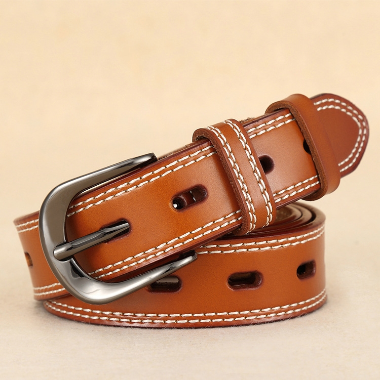 ZK--049 Double-stitched Hollow Pin Buckle Belt, Length: 105cm(Camel)