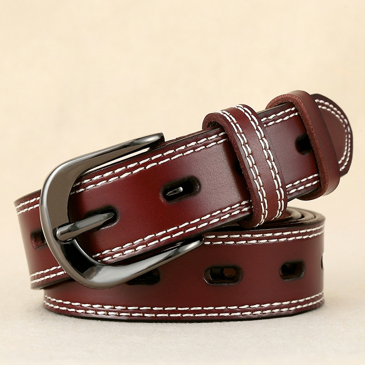 ZK--049 Double-stitched Hollow Pin Buckle Belt, Length: 105cm(Red Brown)