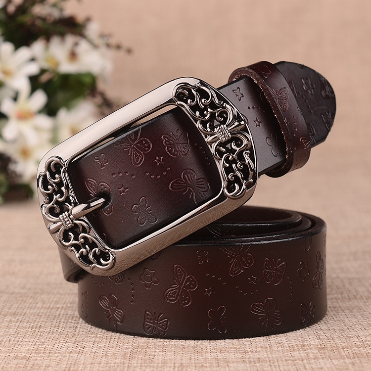 ZK--067 Retro Engraved Buckle Butterfly Print Pin Buckle Leather Belt, Length: 105cm(Coffee)