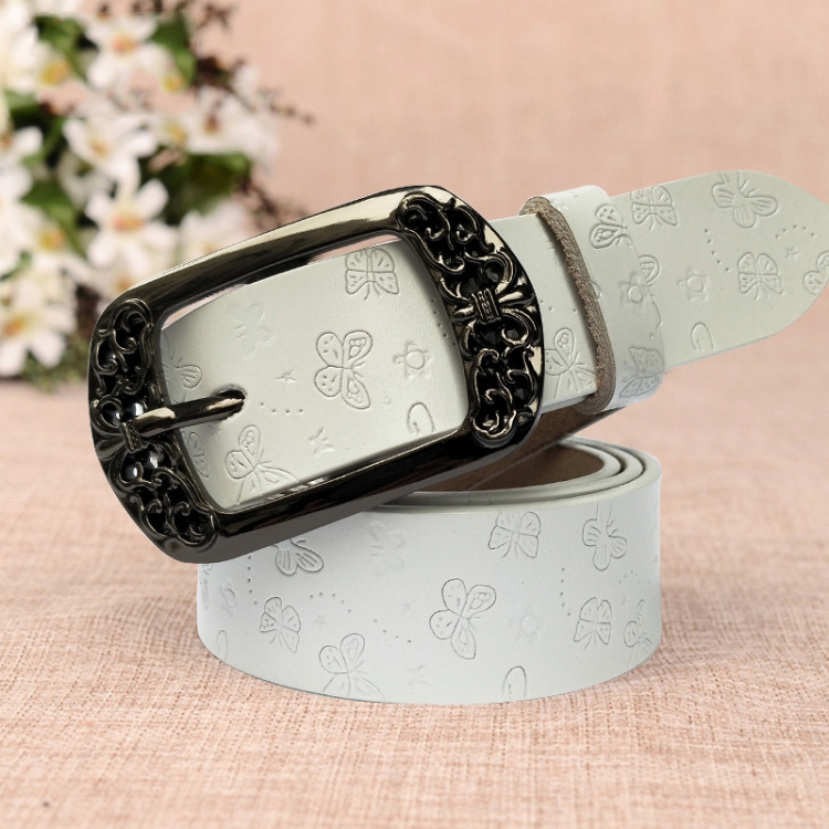 ZK--067 Retro Engraved Buckle Butterfly Print Pin Buckle Leather Belt, Length: 105cm(White)