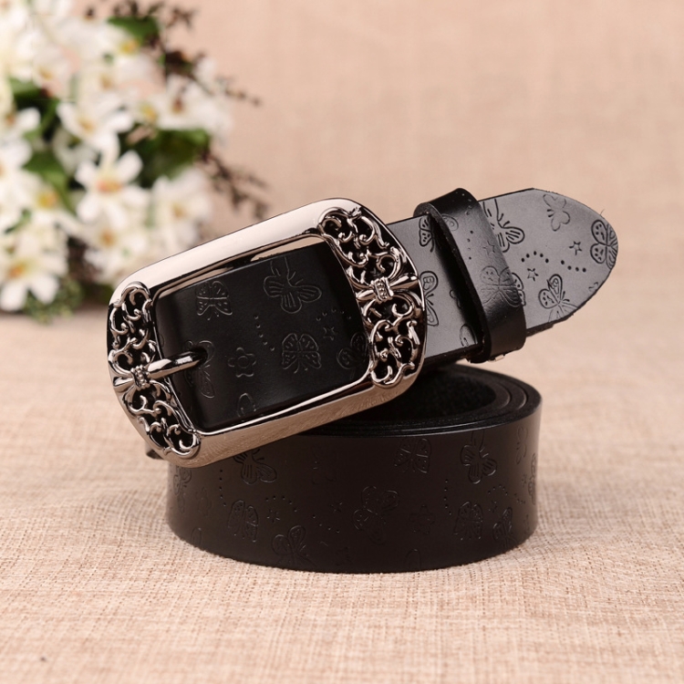 ZK--067 Retro Engraved Buckle Butterfly Print Pin Buckle Leather Belt, Length: 110cm(Black)
